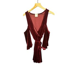 ANAMA Womens Velvet Cold Shoulder Wrap Dress Burgundy Bell Sleeves S
